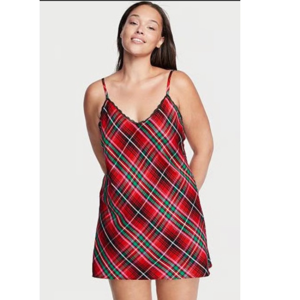 Victorias Secret Plaid Satin Slip Dress Red Green Lace Trim Holiday Chemise XL